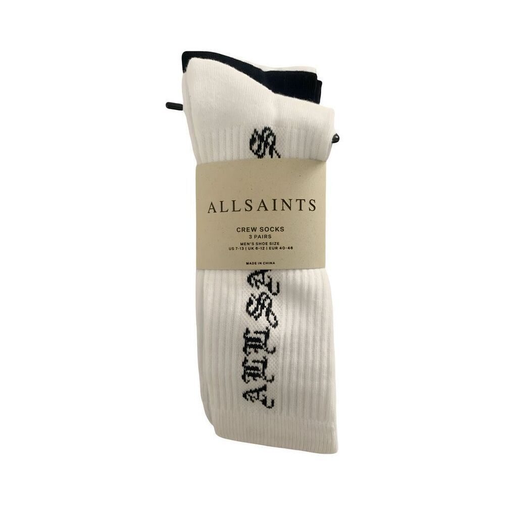 AllSaints Lincoln Crew Socks 3 Pack Black & White Logo Sports Socks Men’s 7–13